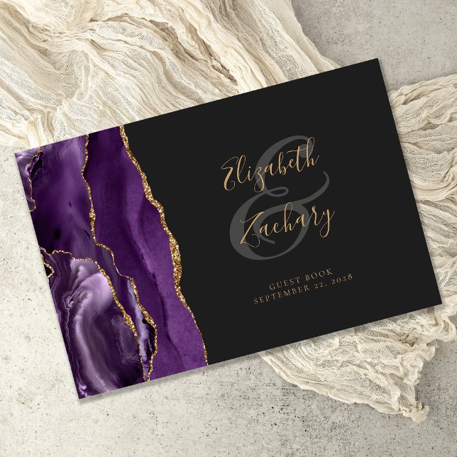 Modern Purple Agate Gold Script Dark Guest Book (Creator Uploaded)