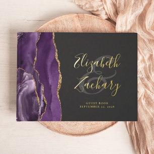 Modern Purple Agate Gold Script Dark Guest Book
