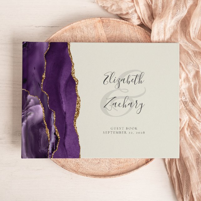 Modern Purple Agate Gold Script Ivory Guest Book (Creator Uploaded)