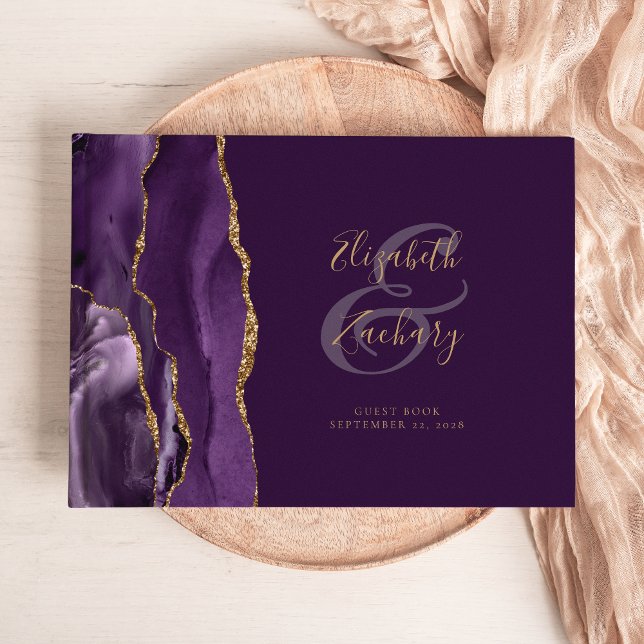 Modern Purple Agate Gold Script Plum Guest Book (Creator Uploaded)