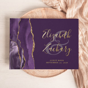 Modern Purple Agate Gold Script Plum Guest Book
