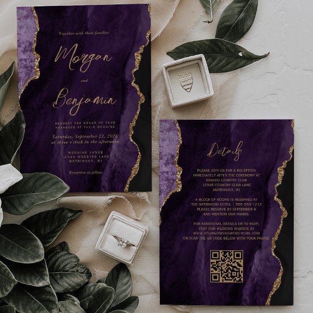 Modern Purple Agate Script QR Code Wedding Invitation (Creator Uploaded)