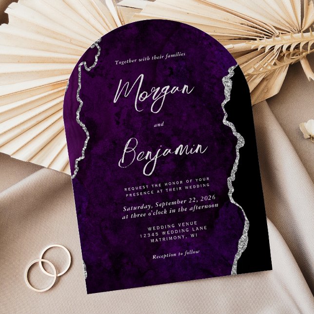 Modern Purple Agate Silver Script Arch Wedding Invitation (Creator Uploaded)