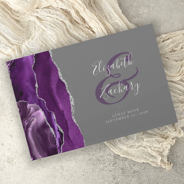 Modern Purple Agate Silver Script Grey Guest Book (Creator Uploaded)