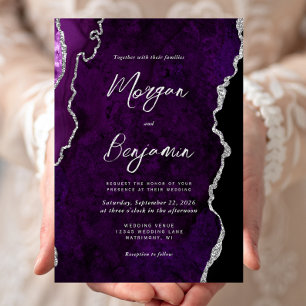 Modern Purple Agate Silver Script Wedding Invitation