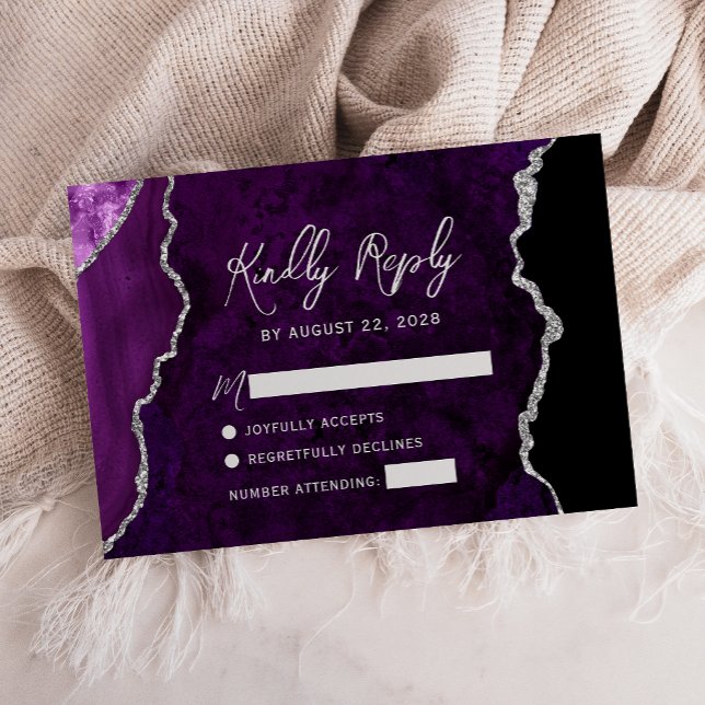Modern Purple Agate Silver Script Wedding RSVP (Creator Uploaded)