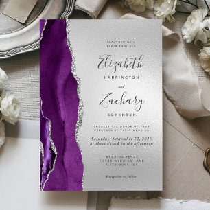Modern Purple Agate Silver Wedding Invitation