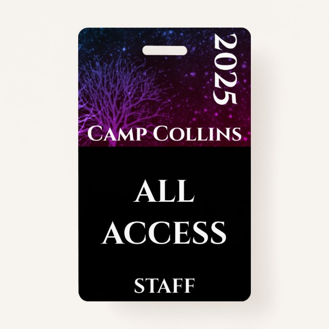 Modern Purple and Black Rustic Camp Staff Badge ID Badge (Front)
