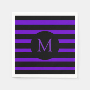 Modern Purple and Black Stripes Monogram Napkin
