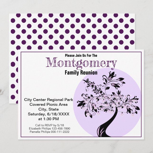 Modern Purple and Black Tree Art Family Reunion Invitation (Front/Back)