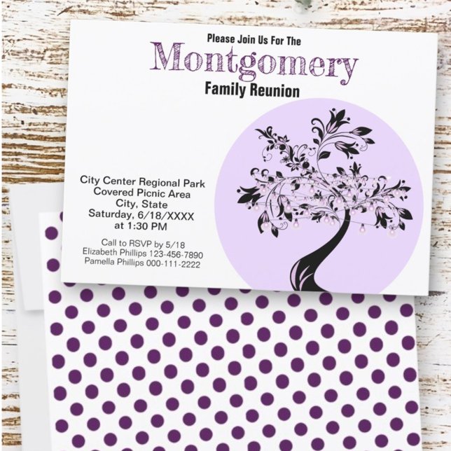 Modern Purple and Black Tree Family Reunion Invitation (invitation front and back)