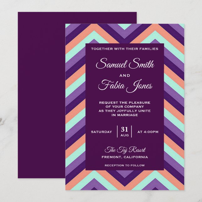 Modern Purple and Coral Chevron Wedding Invitation (Front/Back)