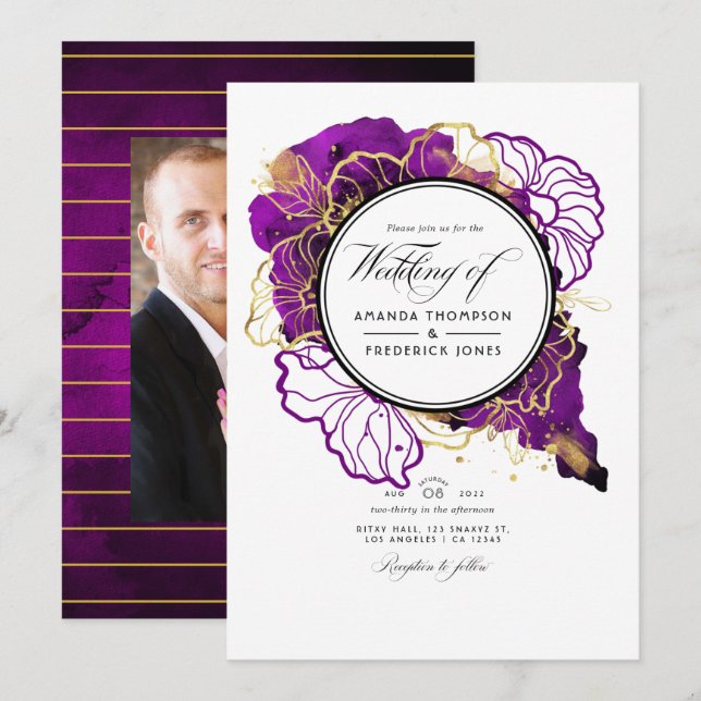 Modern Purple and Gold Abstract Floral Wedding Inv Invitation (Front/Back)
