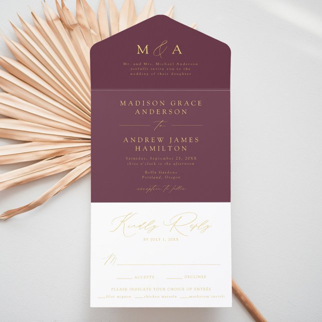 Modern Purple and Gold Foil Monogram Wedding All In One Invitation (Creator Uploaded)
