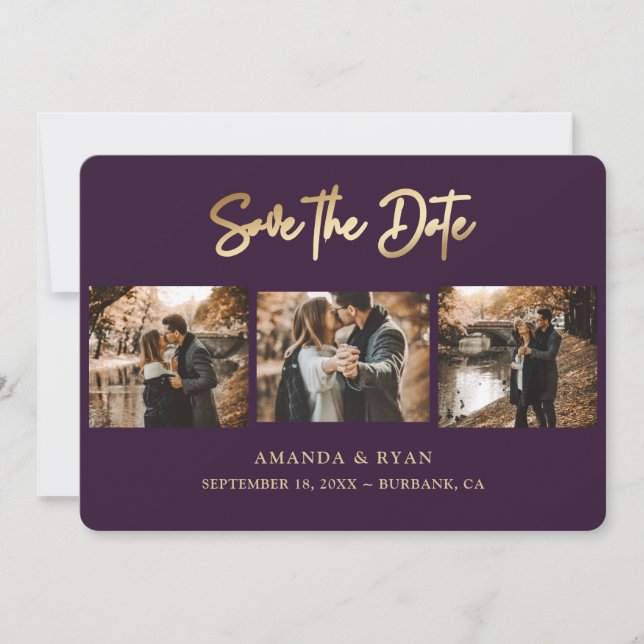 Modern Purple and Gold Foil Wedding 3 Photo Save The Date (Front)