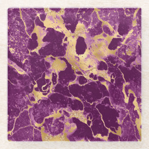 Modern Purple and Gold Marble Pattern Glass Coaster