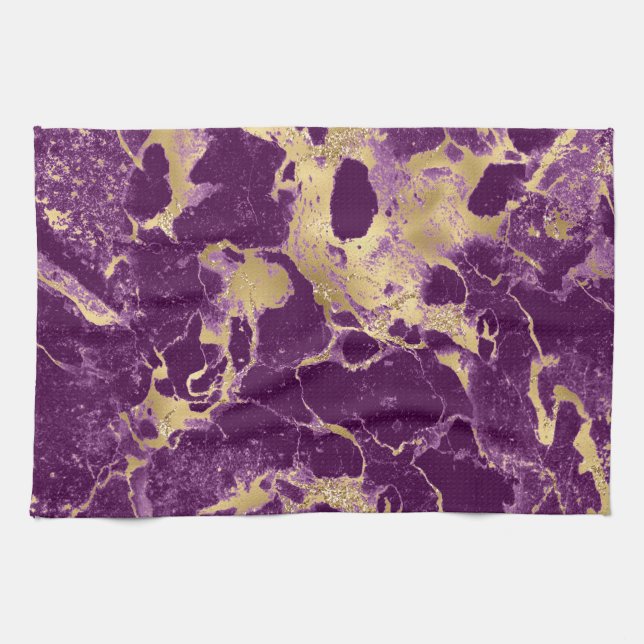 Modern Purple and Gold Marble Pattern Tea Towel (Horizontal)