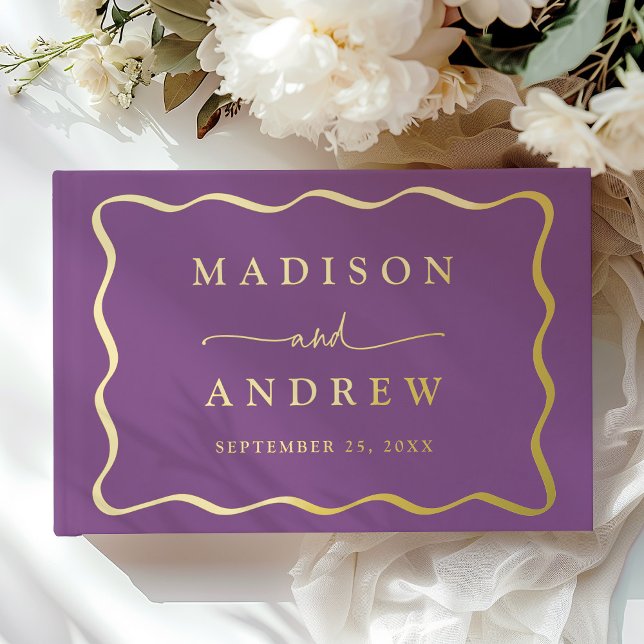 Modern Purple and Gold Wavy Frame Photo Wedding Guest Book (Creator Uploaded)