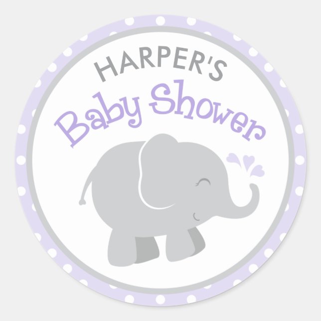 Modern Purple and Grey Elephant Girl Baby Shower Classic Round Sticker (Front)