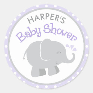 Modern Purple and Grey Elephant Girl Baby Shower Classic Round Sticker