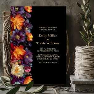 Modern Purple and Orange Floral Black Wedding Invitation