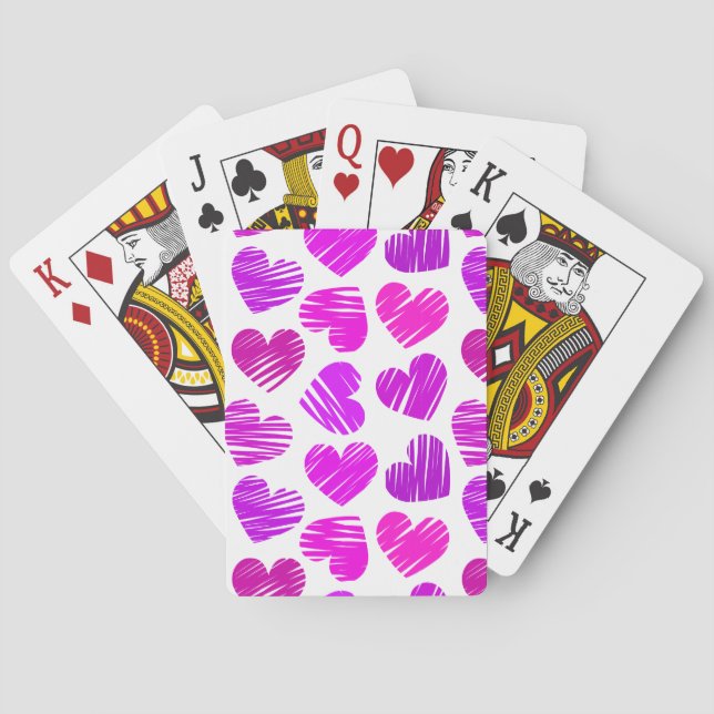Modern Purple and Pink Doodled Hearts Valentine Playing Cards (Back)