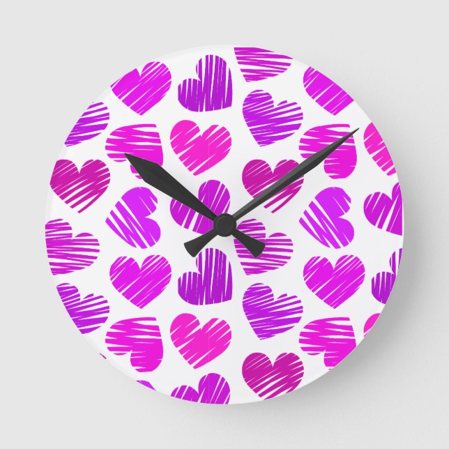 Modern Purple and Pink Doodled Hearts Valentine Round Clock (Front)