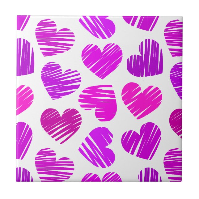 Modern Purple and Pink Doodled Hearts Valentine Tile (Front)