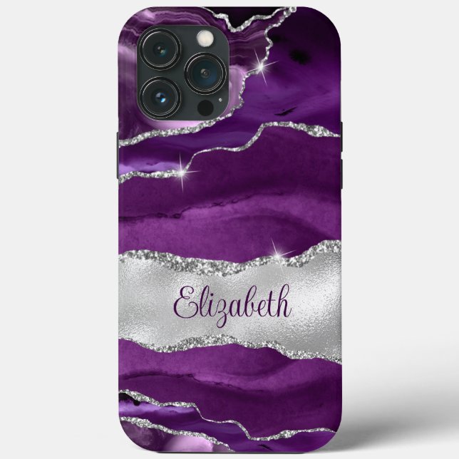 Modern Purple and Silver Agate Monogram Case-Mate iPhone Case (Back)