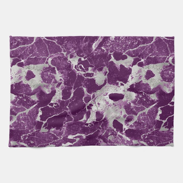 Modern Purple and Silver Marble Pattern Tea Towel (Horizontal)