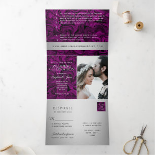 Modern Purple and Silver Photo Wedding Tri-Fold Invitation