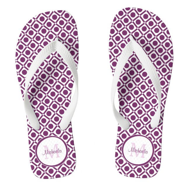 Modern Purple and White Geometric Monogrammed Name Flip Flops (Footbed)