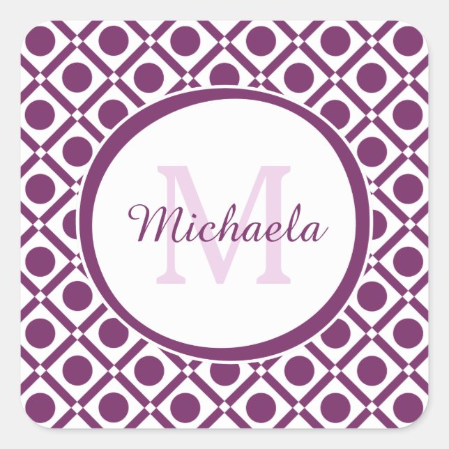 Modern Purple and White Geometric Monogrammed Name Square Sticker (Front)
