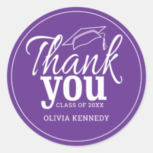 Modern Purple And White Graduation Thank You Classic Round Sticker