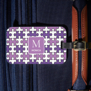 Modern Purple And White Puzzle Pieces Monogram Luggage Tag