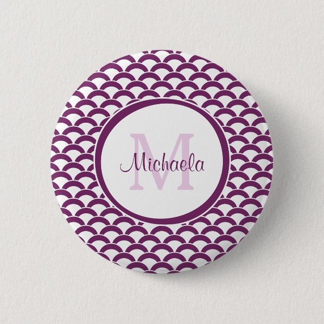 Modern Purple and White Scallops Monogram and Name 6 Cm Round Badge (Front)