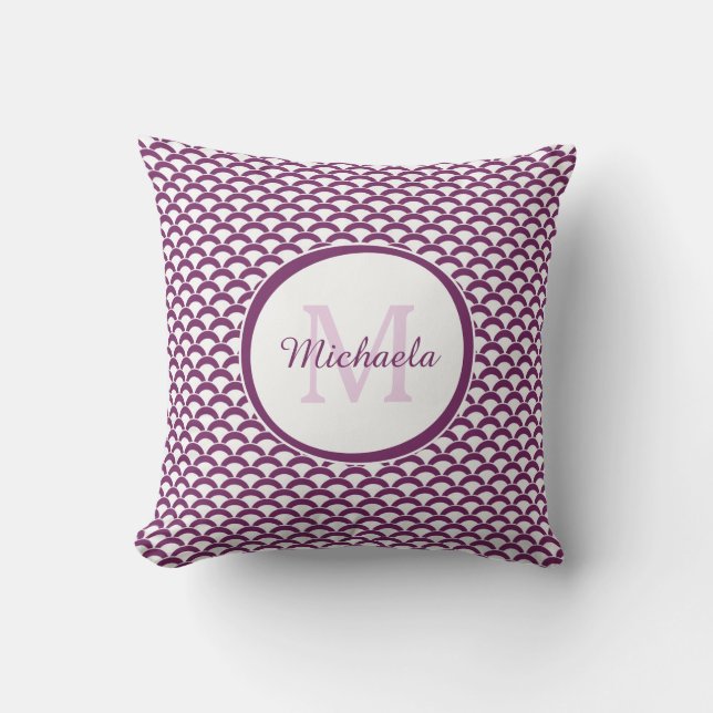 Modern Purple and White Scallops Monogram and Name Cushion (Front)