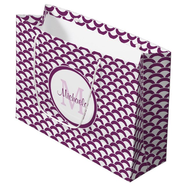 Modern Purple and White Scallops Monogram and Name Large Gift Bag (Front Angled)