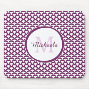 Modern Purple and White Scallops Monogram and Name Mouse Mat