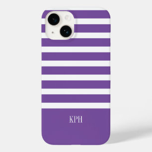Modern Purple and White Stripe with Monogram Case-Mate iPhone 14 Case