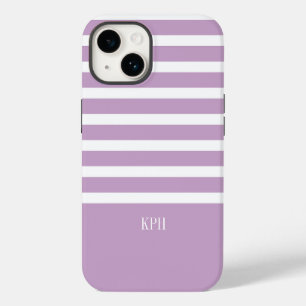 Modern Purple and White Stripe with Monogram iPhone 14 Case