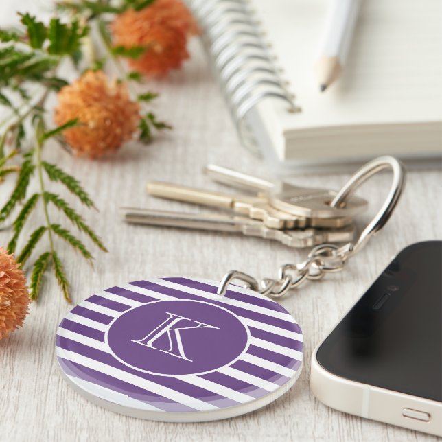 Modern Purple and White Stripes with Monogram  Key Ring (Front Right)