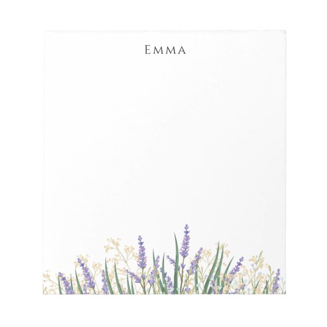 Modern Purple and White Watercolor Lavender Flower Notepad (Front)