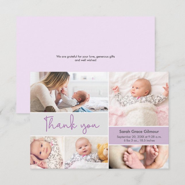 Modern Purple Baby girl Custom photo collage Thank You Card (Front/Back)