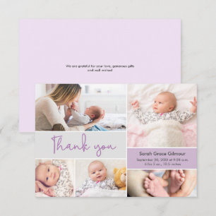 Modern Purple Baby girl Custom photo collage Thank You Card