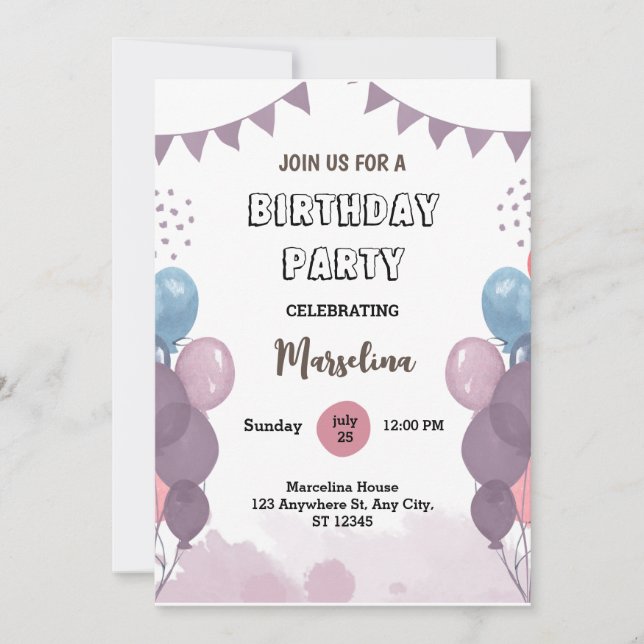 Modern Purple Ballon Bunch Birthday Party Invitation (Front)