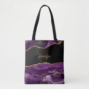 Modern Purple Black Agate Crystal Personalise Name Tote Bag
