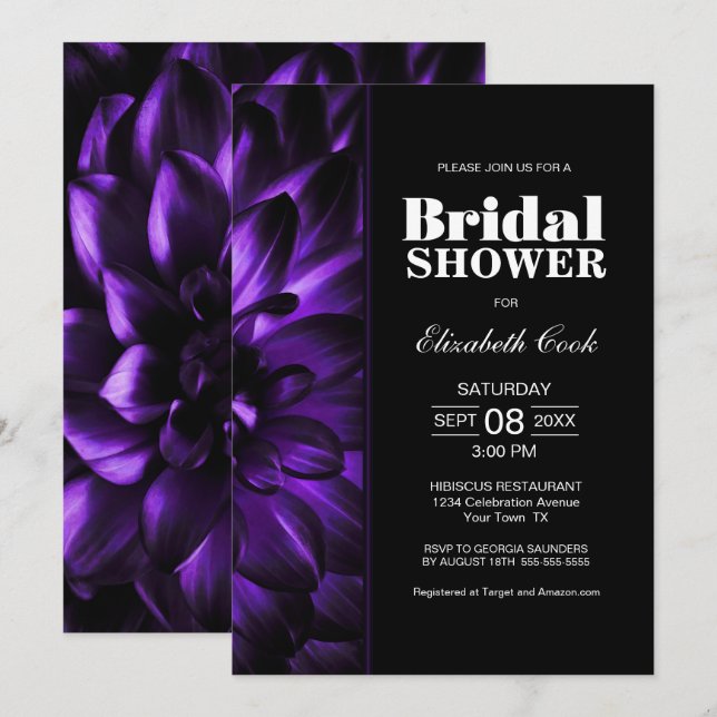 Modern Purple Black Floral Bridal Shower Invitation (Front/Back)