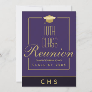 Modern Purple Black Gold Script 10th Class Reunion Invitation