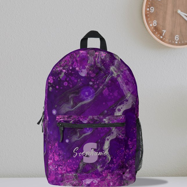 Modern Purple Black Marbled Pattern Monogram Name Printed Backpack (Creator Uploaded)
